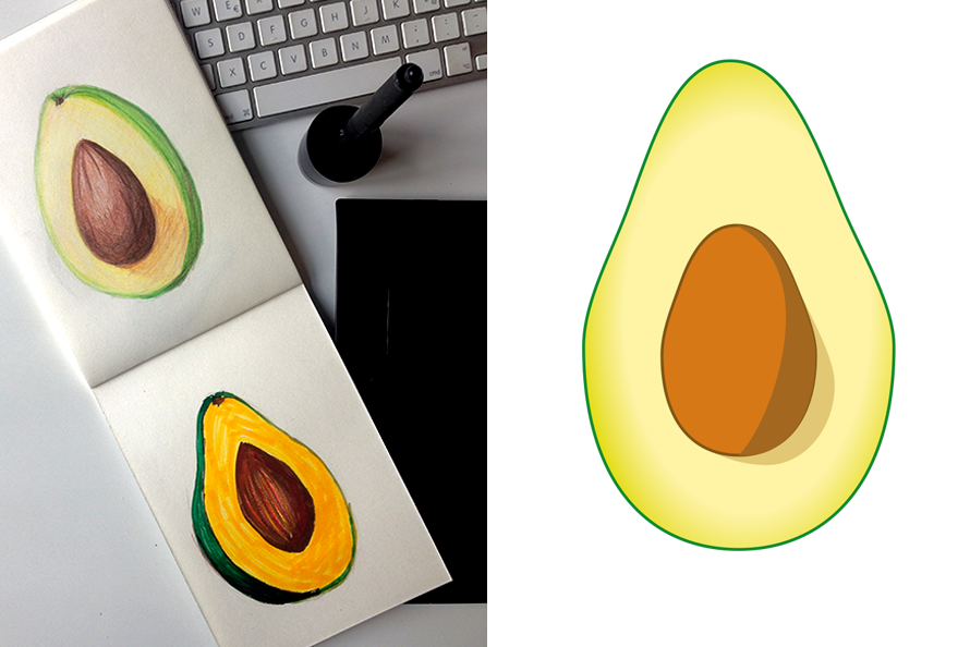 Halbe Avocados, Handzeichnung und digitale Illustration, Editorial Illustration