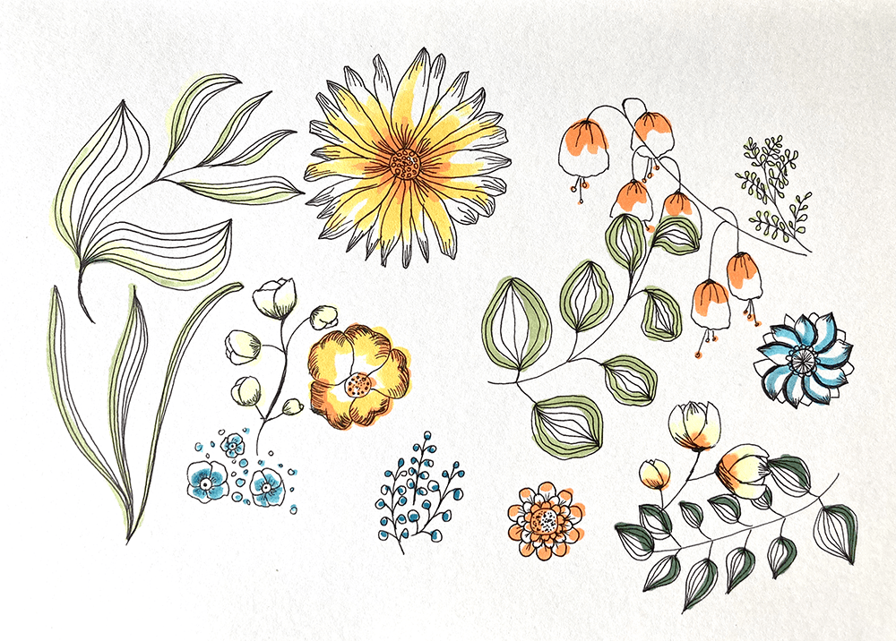 Blumenmuster, Illustration mit Fineliner und Marker