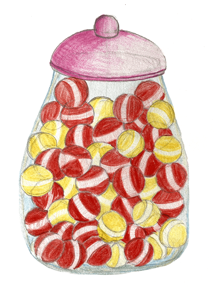 Bonboniere mit Deckel, Buntstiftzeichnung
