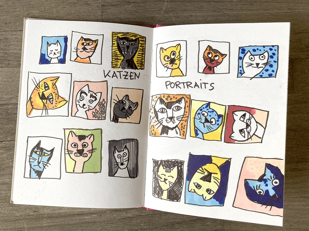 Katzenportraits, Illustrationen von Katzengesichtern mit Fineliner und Filzer