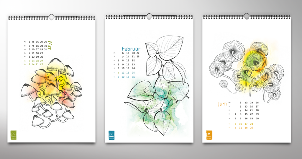 Wandkalender 2023, Illustrationen, Botanik, Mykologie, Blätter und Pilze, Aquarell