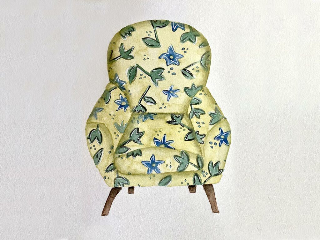 Gelber Sessel mit Blumenmuster, Wasserfarbe Illustration
