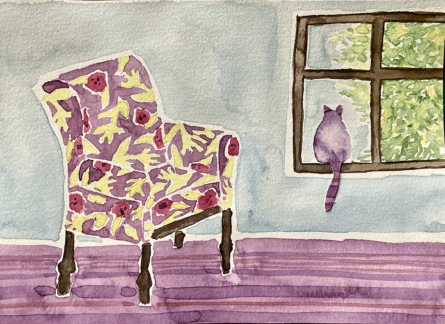Illustration eines Interieurs mit Wasserfarbe, geblümter Sessel steht vor einem Fenster, Katze sitzt auf der Fensterbank