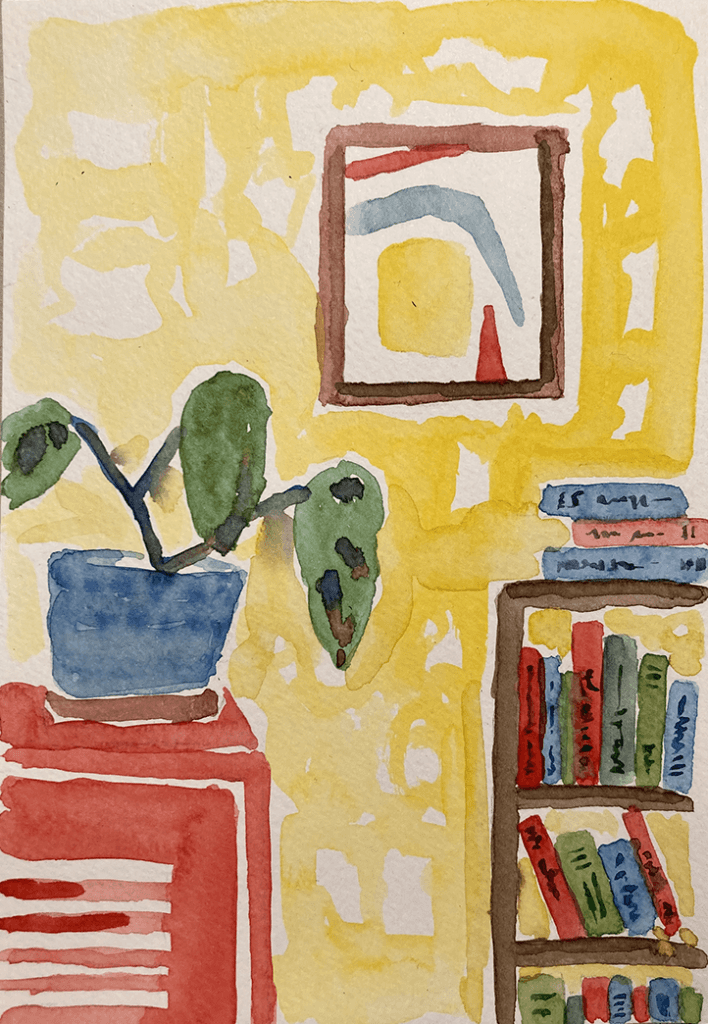 Illustration Wasserfarbe Interieur, Bücherregal vor gelber Wand, roter Schrank mit Pflanze, Sketch