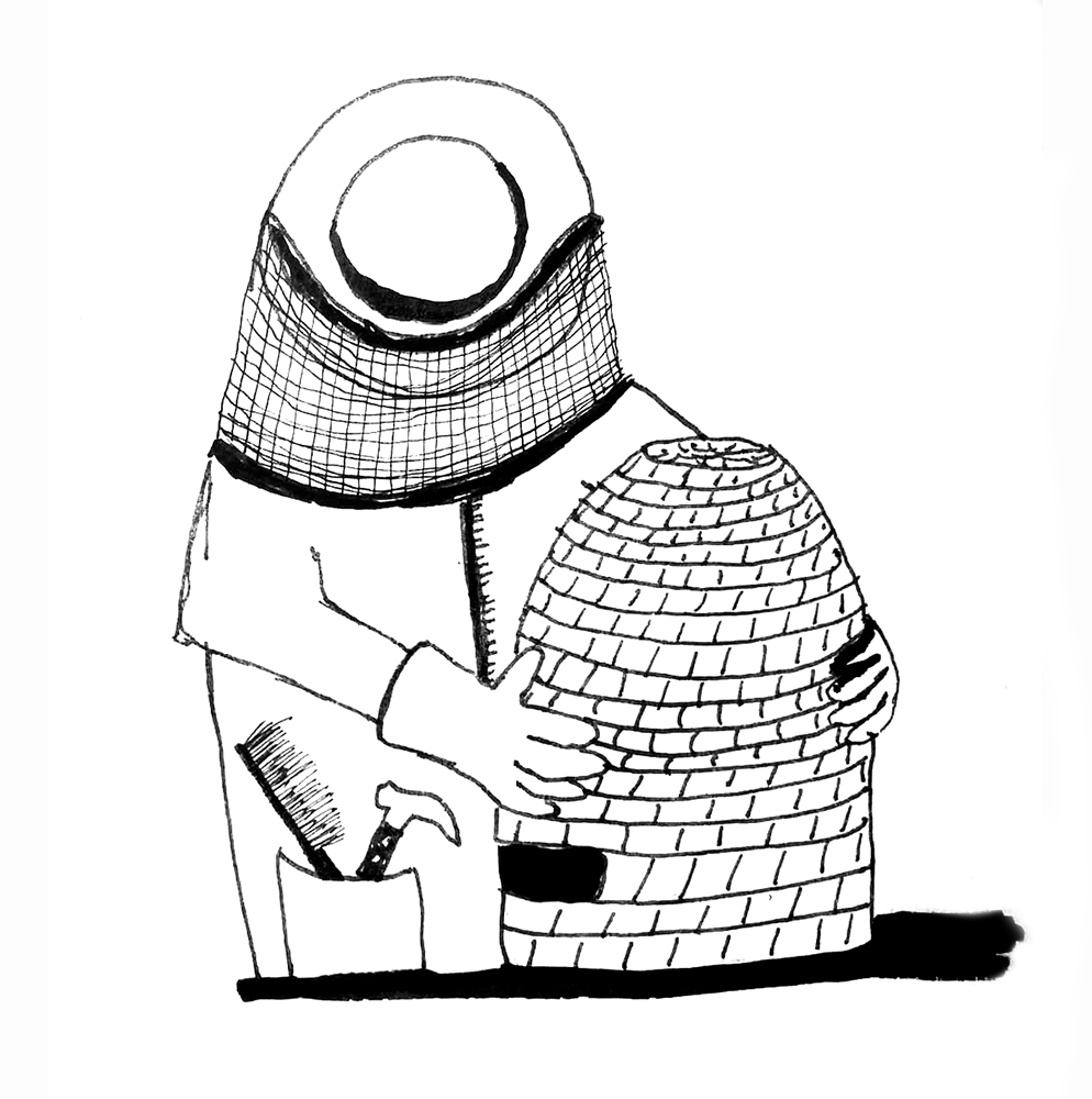 Imker mit Bienenstock, schwarz-weiß Illustration
