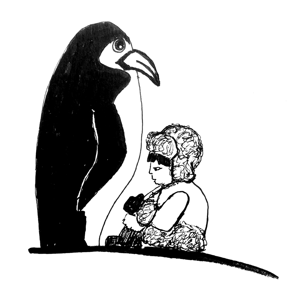 Pinguin und Inuit, schwarz-weiß Illustration