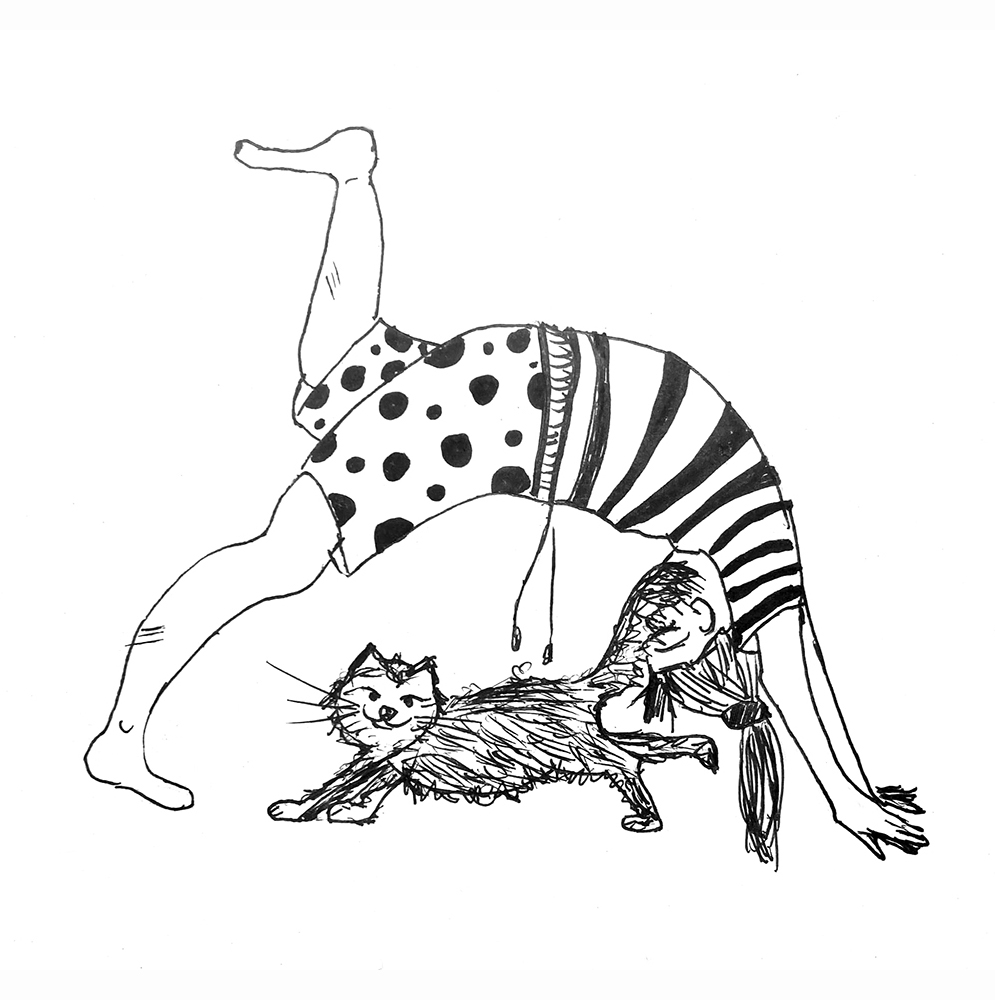 Yoga mit Katze, schwarz-weiß Illustration