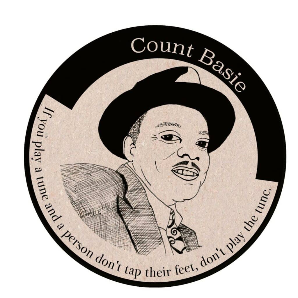 Bierdeckel mit einer schwarz-weiß Illustration des Konterfei von Count Basie