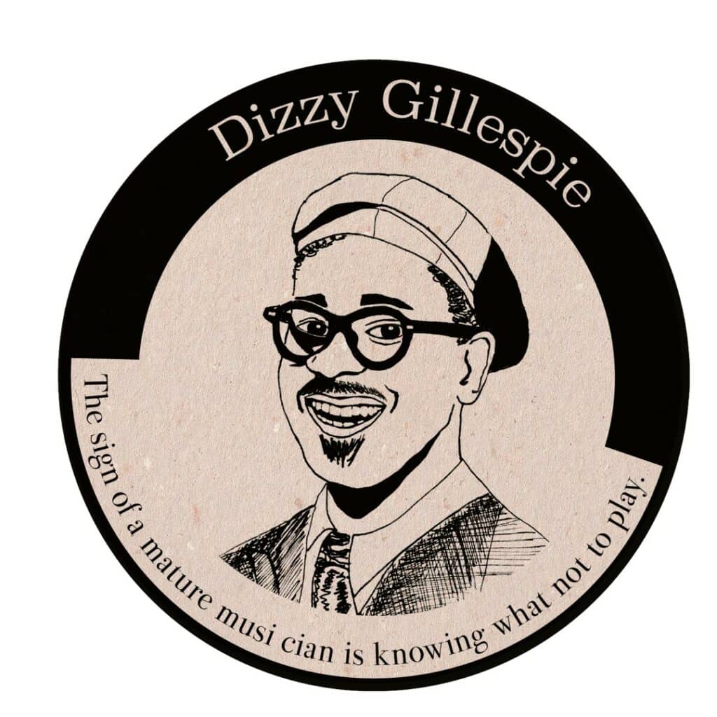 Bierdeckel mit einer schwarz-weiß Illustration des Konterfei von Dizzy Gillespie