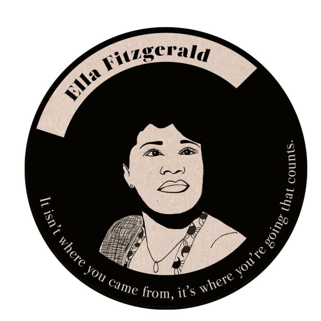 Bierdeckel mit einer schwarz-weiß Illustration des Konterfei von Ella Fitzgerald