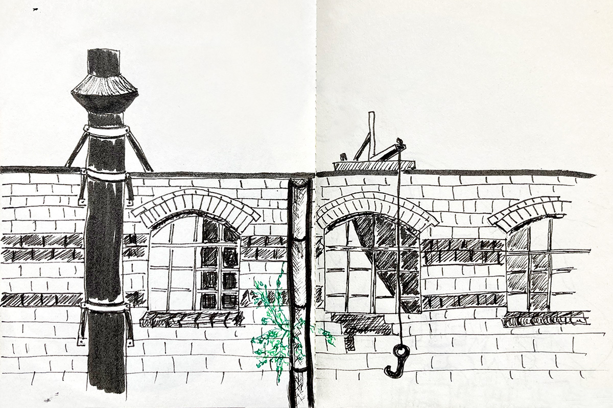 Blick auf ein Fabrikgebäude vom Studio in der Köpenickerstraße